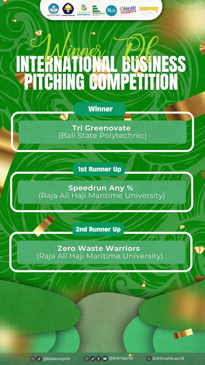Read more about the article Dua Tim Dari BISDI UMRAH Juara Lomba International Business Pitching Yang Diselenggarakan Oleh Politeknik Bali Dengan Tema AIMpowering Green Business through BASE ON 3.0